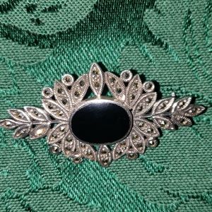 Vintage SterlingSterling Onyx and Marcasite Brooch